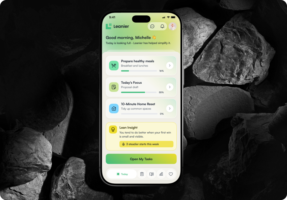 Leanier daily task dashboard on a phone